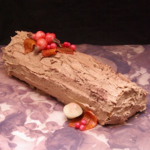 herfstthema boomstam boomstronk buche de noel yule log met rozebottels