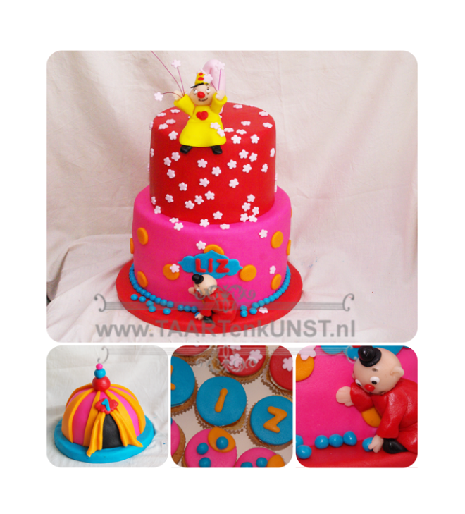 bumba stapeltaart met meppertje en cupcakes